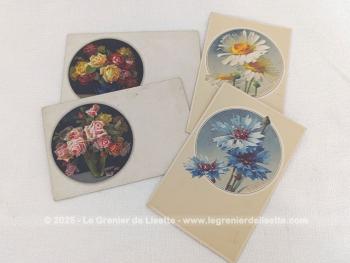 Voici un lot de quatre cartes postales anciennes avec sur chacune un dessin de fleurs mis en valeur dans un petit cercle coloré sur un fond blanc cassé.  Datant du début du siècle dernier, elles seront faciles à mettre en valeur.