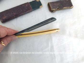 Voici un nécessaire vintage à barbe avec un blaireau, 2 coupe-choux dont un dans son étui et un polissoir dans son étui en cuir gravé.