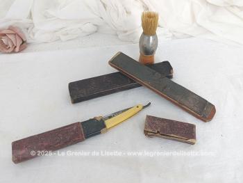 Voici un nécessaire vintage à barbe avec un blaireau, 2 coupe-choux dont un dans son étui et un polissoir dans son étui en cuir gravé.