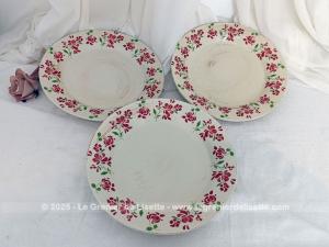 Trio assiettes plates bordure fleurs rouge feuilles vertes