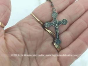 Chapelet vintage croix métal argenté N.D. de Lourdes perles verre