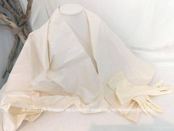 Sur 235 x 68 cm, voici une belle étole réalisée dans une superbe tissus satinée épais, comme de l'organdi, couleur ivoire ou champagne avec une paire de gants assortie. Très élégant.