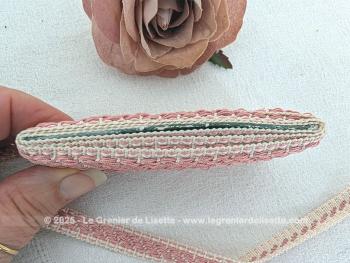 Voici un joli galon vintage de passementerie de 250 x 1,2 cm composé d'une guirlande de reliefs roses et de fines frises. Parfait pour une touche shabby ou romantique dans vos créations.