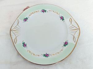 Plat dessert vintage « L’Amandinoise » vert d’eau et fleurs modèle 1056