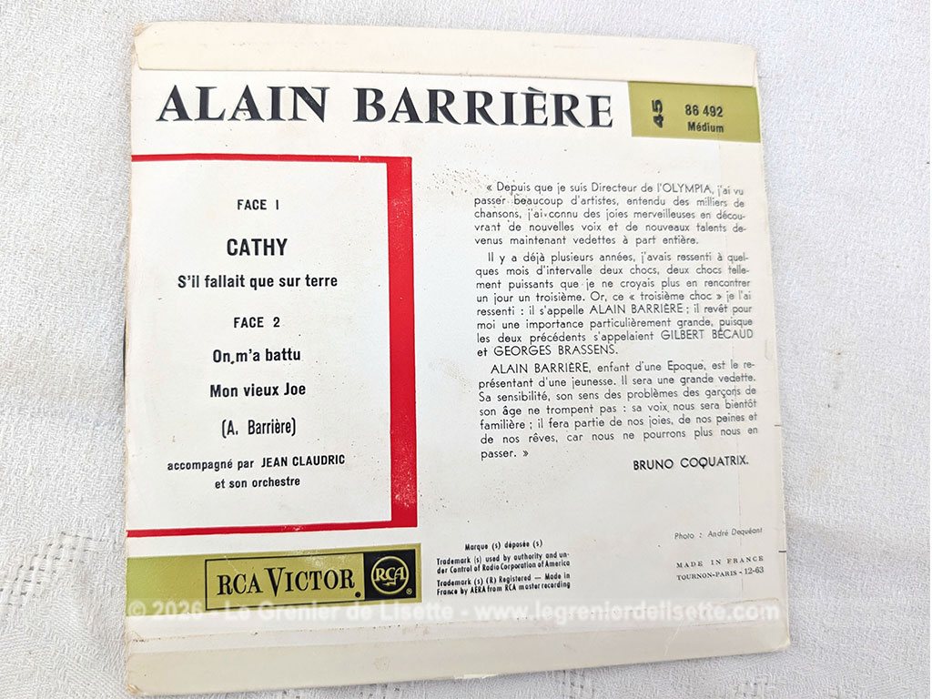 oici un disque 45T Alain Barrieère des années 60 avec 3 titres, dont le plus célèbre est