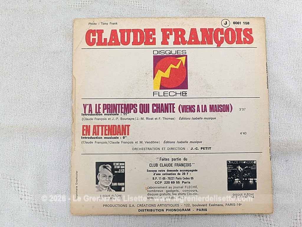 Voici un disque 45T Claude François de 1972 avec 2 titres, dont le plus célèbre est
