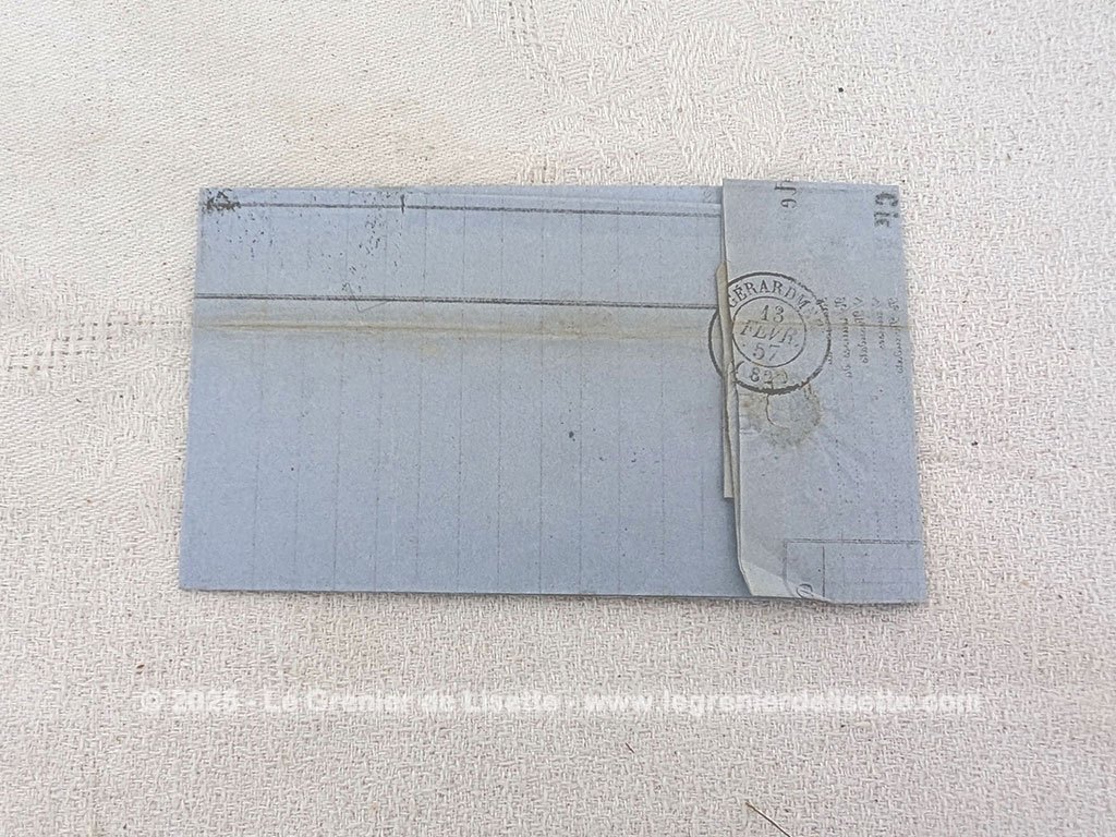 Agée de 169 ans, voici une ancienne lettre pli du 12 avril 1857 soit à peine 68 ans après la révolution française de 1789 ! C'est une feuille bordereau du Comptoir d'Escompte d'Epinal L. Simon - Rémy et Cie adressée à un habitant de Gerardmer avec un timbre oblitéré à l’effigie de Napoléon III.