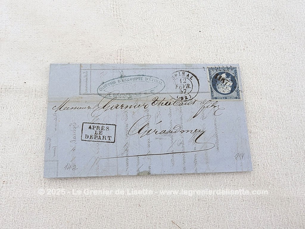 Agée de 169 ans, voici une ancienne lettre pli du 12 avril 1857 soit à peine 68 ans après la révolution française de 1789 ! C'est une feuille bordereau du Comptoir d'Escompte d'Epinal L. Simon - Rémy et Cie adressée à un habitant de Gerardmer avec un timbre oblitéré à l’effigie de Napoléon III.