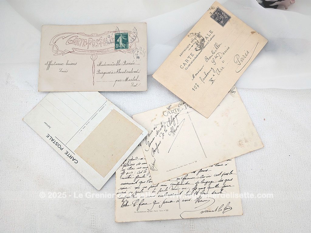 Datant du début des années 1900, voici un lot de 5 cartes postales anciennes ayant pour thème des cartes à jouer et leur signification, un trèfle porte bonheur sur Paris, une carte avec une photo personnelle et une carte publicitaire de Gaufres. Que des cartes à l'originalité bien réelle !