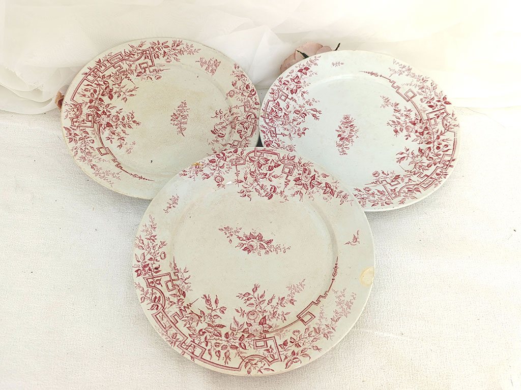 Trio assiettes Badonviller modèle Roses aux beaux dessins couleur rose foncé représentant des fleurs avec feuilles de roses, sorties des faïenceries