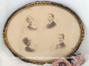 Ancien cadre ovale bois patine dorée quatre photos