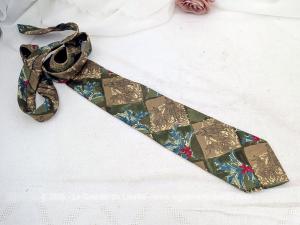 Belle cravate vintage soie tons vert et mordoré Sonia Rykiel