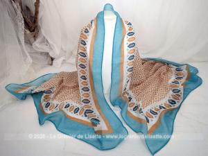 Grande étole voile décors bleu, caramel et écru