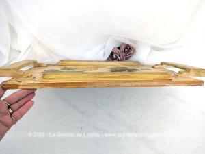 Plateau en bois vintage signé décors main Vigne et Oiseaux