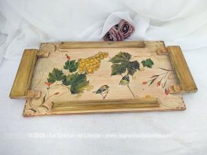 Plateau en bois vintage signé décors main Vigne et Oiseaux