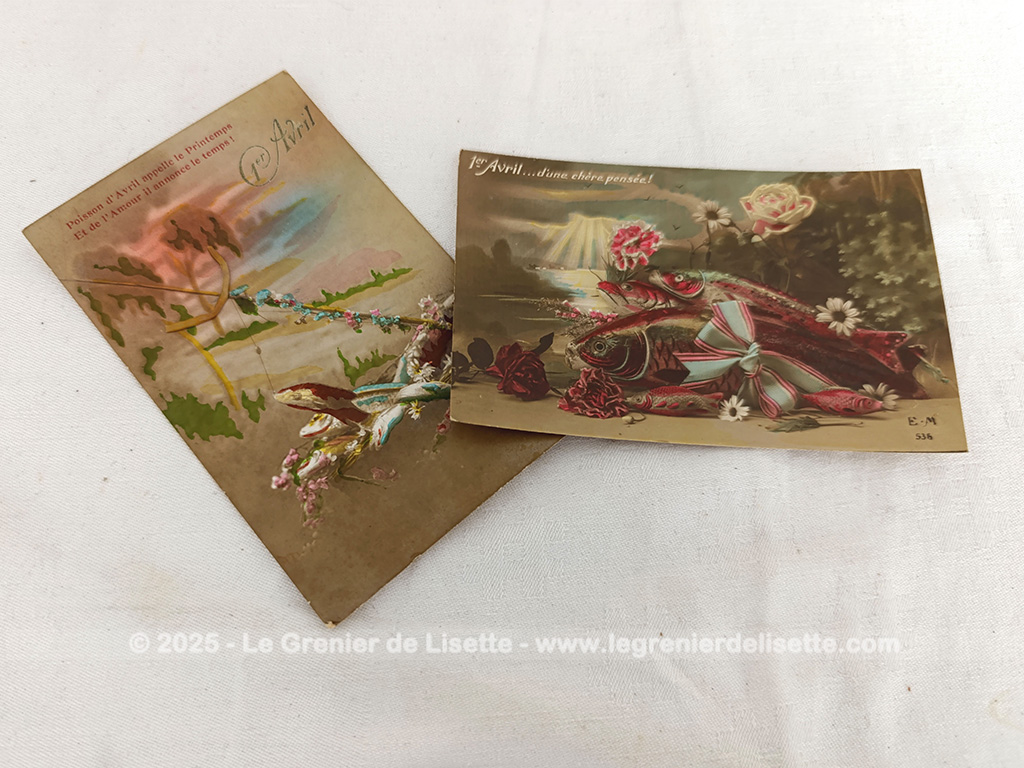 Voici un lot de 2 cartes postales anciennes pour fêter le 1er Avril, datant du tout début du siècle dernier représentant des dessins de poissons et sa petite maxime au bas... et au dos, de petits messages.