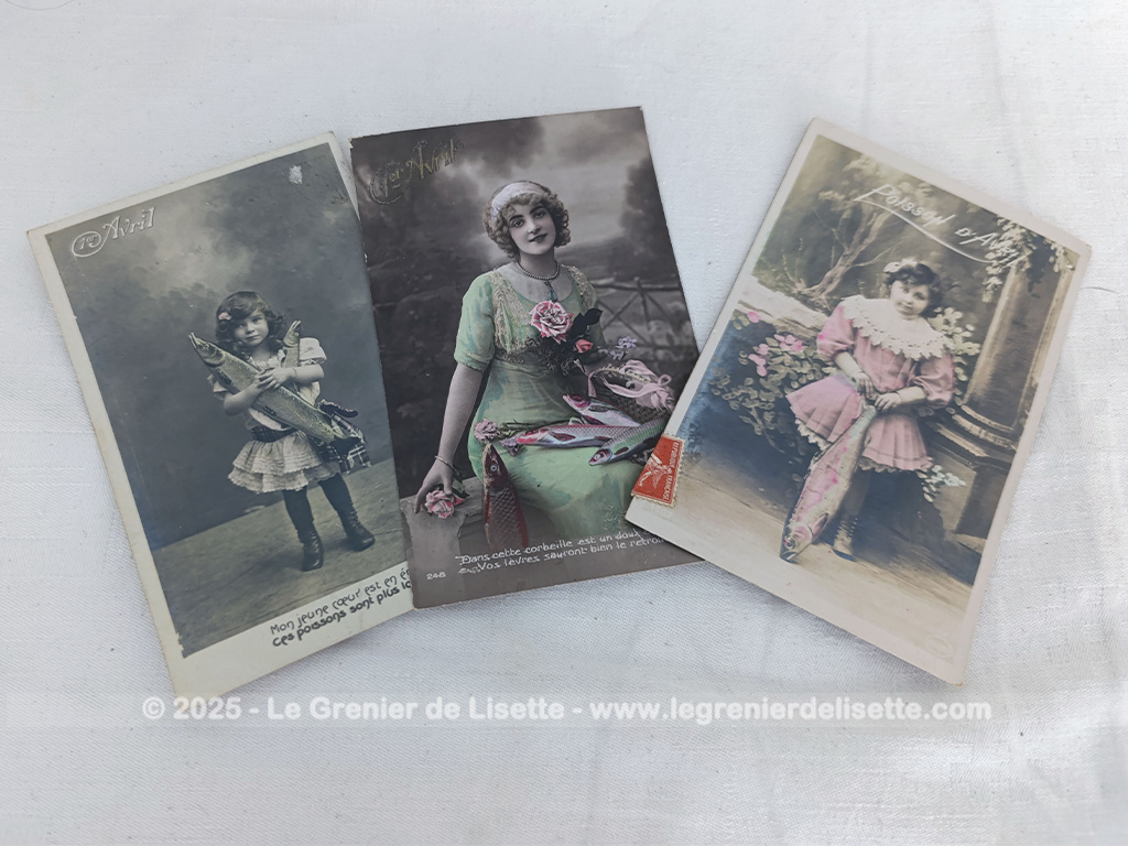 Voici un lot de 3cartes postales anciennes pour fêter le 1er Avril, datant du tout début du siècle dernier représentant des photos sur papier glacé des personnes avec des poissons et sa petite maxime au bas... et au dos, de petits messages.