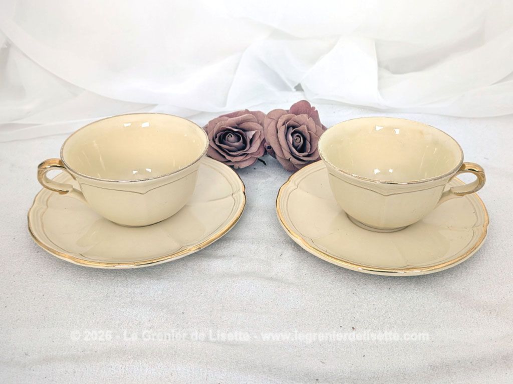 Voici un charmant et vraiment duo de grandes tasses à déjeuner vintage en porcelaine couleur d'un jaune paille très doux avec dorures et reliefs, avec un format généreux parfait pour le chocolat chaud ou le café au lait.
