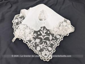 Ancien mouchoir mariée étamine, dentelle et prénom IDA brodé