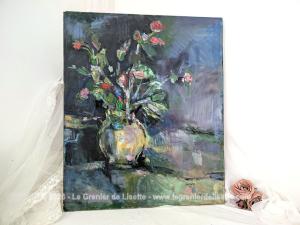 Tableau signé peinture huile clair obscur Bouquet Fleurs