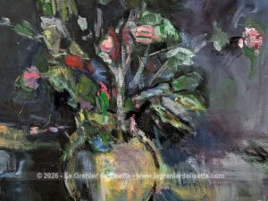 Tableau signé peinture huile clair obscur Bouquet Fleurs