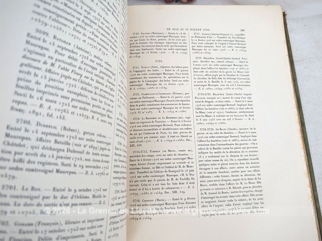 Voici un document d'archive monumental, véritable relique de l'Histoire de France datée de 1903, un recueil qui recense les lettres à cachet et les prisonniers de la Bastille sur plus d'un siècle de 1659 à 1789 (prise de la Bastille et Révolution française). Une véritable pièce de collection pour tous les passionnés d'histoire.