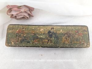 Ancien plumier fin XIX° bois avec dessin enfants