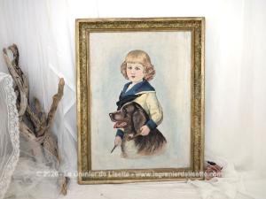 Tableau ancien portrait d’enfant col marin et son chien