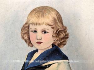 Tableau ancien portrait d’enfant col marin et son chien