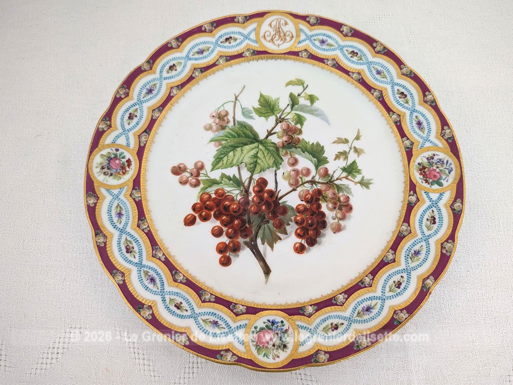 Superbe assiette de collection d'une finesse rare, datant du XIXe siècle avec en décor central de groseilles entièrement peint à la main et décoré d'un monogramme doré ainsi que des motifs fleuris. Pièce d'exception signée au dos