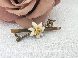 Ancienne broche souvenir Edelweiss et skis en laiton Années 40/50