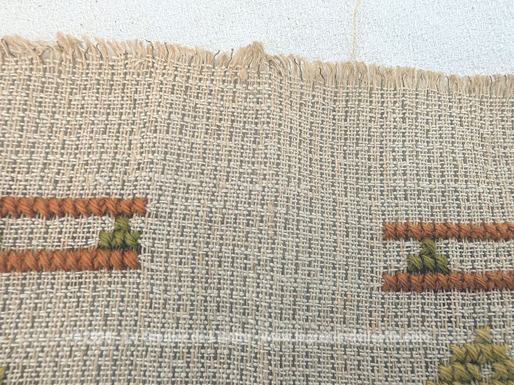 Beau canevas avec des broderies au gros point de croix en laine sur toile de jute écrue, représentant deux motifs floraux identiques dans de jolies teintes orangées, bordeaux, vert et ocre. Sur 88 x 30 cm, il peut devenir un superbe chemin de table ou être découpé en deux coussins assortis.
