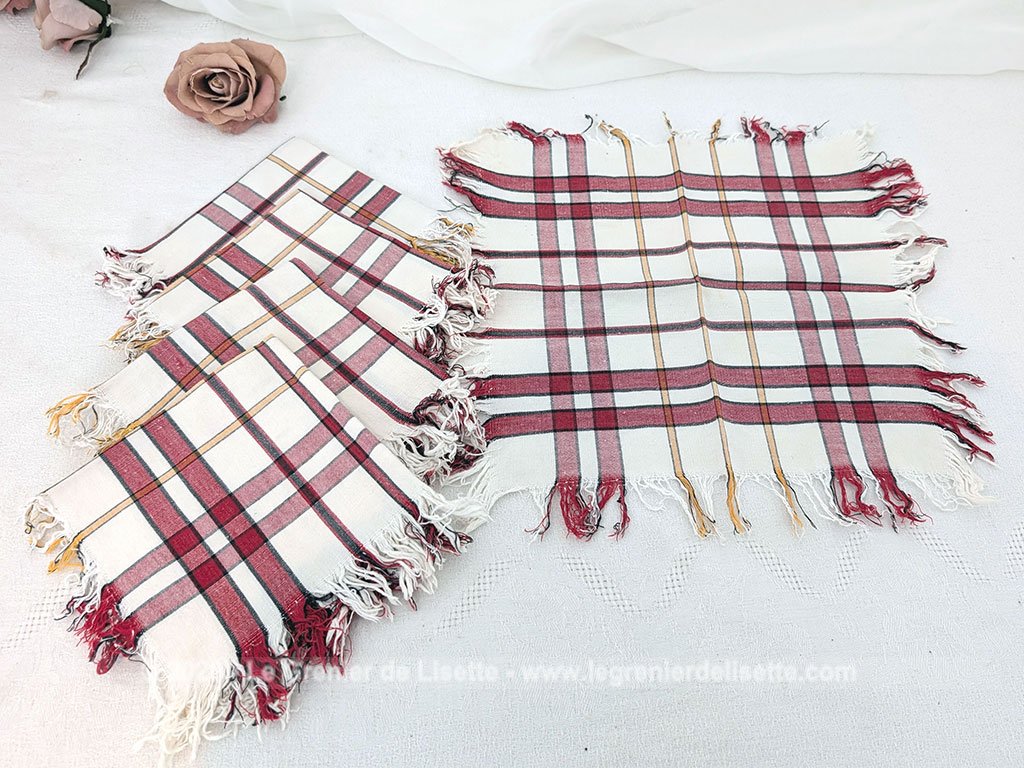 Voici un lot de 5 petites serviettes à thé en coton à carreaux rétro rouges et blancs avec de jolies franges, 27 x 25.5 cm bordées de 3 cm franges tout autour. Prévues pour le thé, elles auront aussi leur place pour un apéritif dinatoire ! Alors, dans tous les cas, bon appétit !