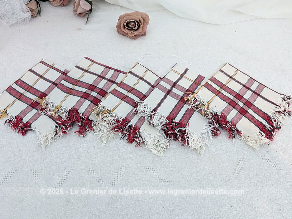 Voici un lot de 5 petites serviettes à thé en coton à carreaux rétro rouges et blancs avec de jolies franges, 27 x 25.5 cm bordées de 3 cm franges tout autour. Prévues pour le thé, elles auront aussi leur place pour un apéritif dinatoire ! Alors, dans tous les cas, bon appétit !