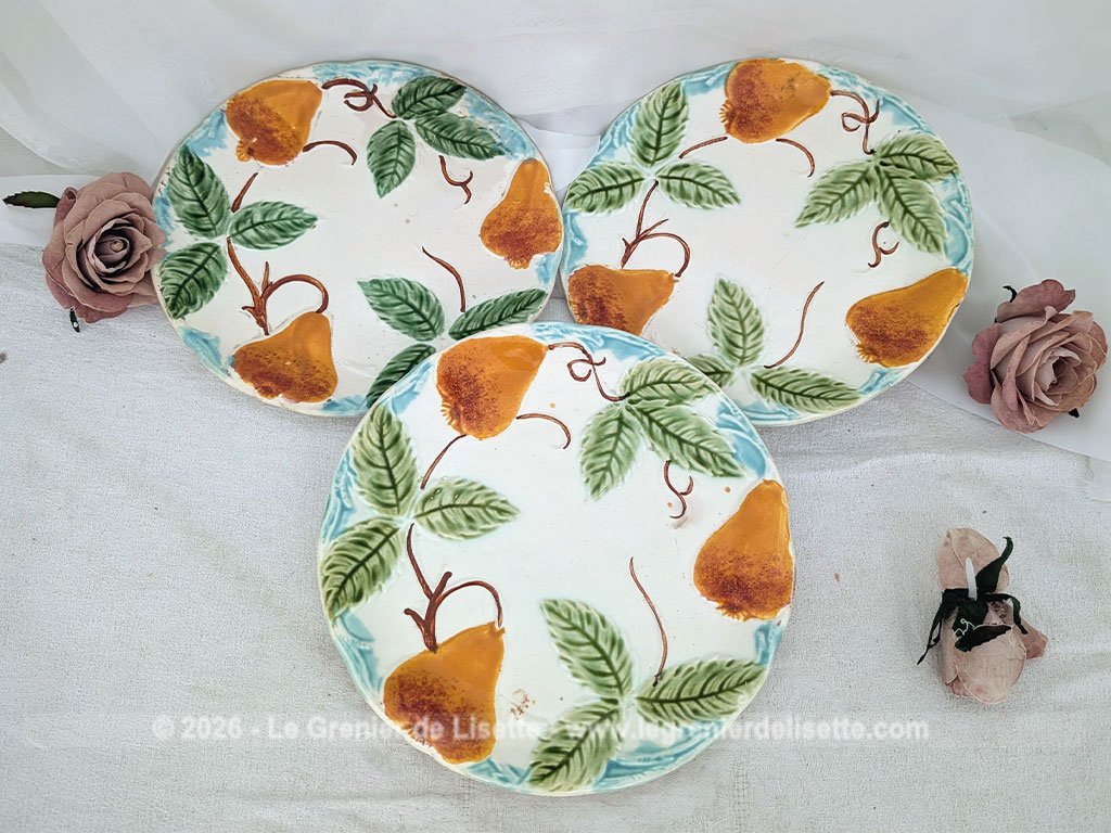 Voici un charmant lot de trois assiettes anciennes en barbotine du tout début du XXe siècle décorées de poires gourmandes aux nuances chaudes et de feuillages verts bien ciselés, souligné par une bordure azur.
