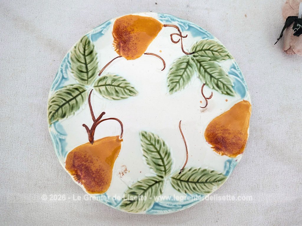 Voici un charmant lot de trois assiettes anciennes en barbotine du tout début du XXe siècle décorées de poires gourmandes aux nuances chaudes et de feuillages verts bien ciselés, souligné par une bordure azur.