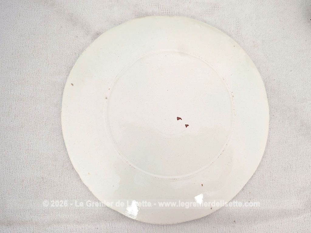 Voici un charmant lot de trois assiettes anciennes en barbotine du tout début du XXe siècle décorées de poires gourmandes aux nuances chaudes et de feuillages verts bien ciselés, souligné par une bordure azur.