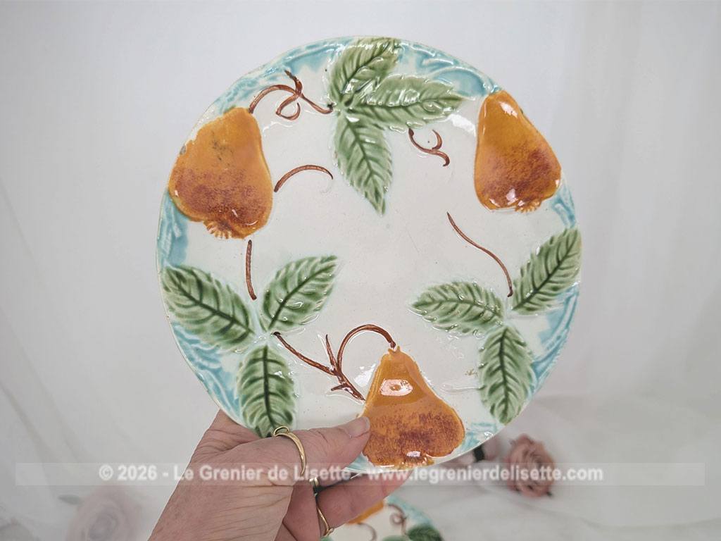 Voici un charmant lot de trois assiettes anciennes en barbotine du tout début du XXe siècle décorées de poires gourmandes aux nuances chaudes et de feuillages verts bien ciselés, souligné par une bordure azur.